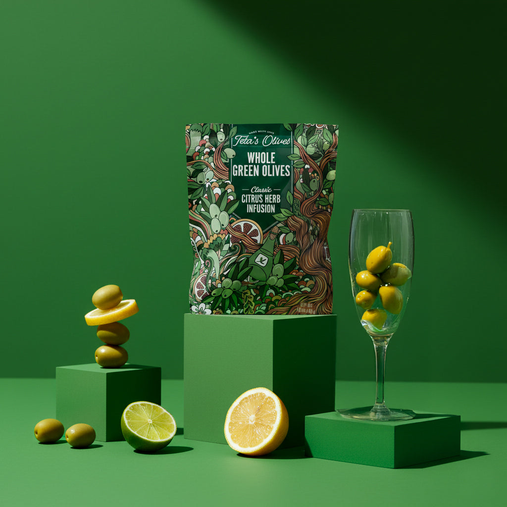 Packaging of 'Tetes Olives' whole green olives with a glass of olives and citrus fruits on a green background