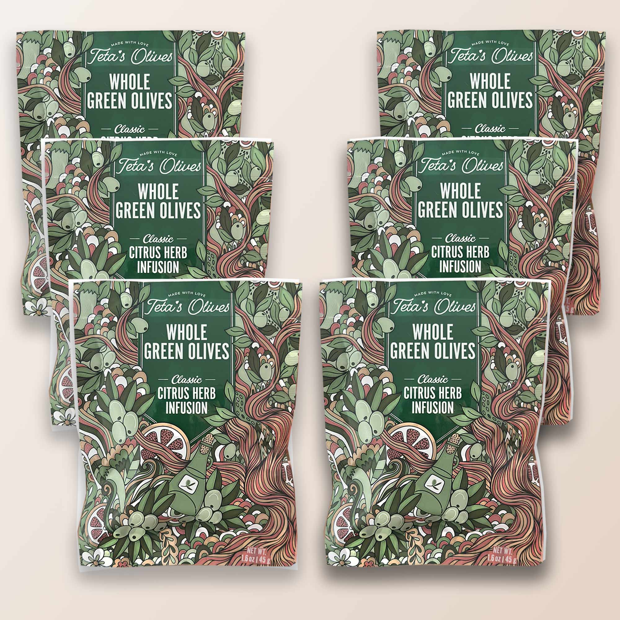 6 pack snack box of teta's olives classic citrus herb infusion against a light brown background