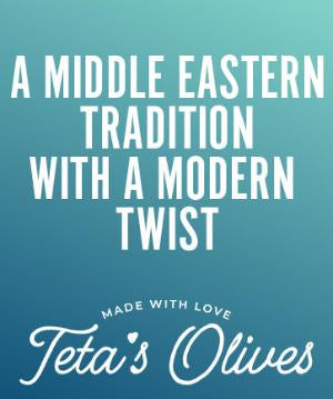 teta's olives carousel panel, saying "a middle eastern tradition with a modern twist" with teta's olives logo on the bottom
