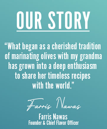 teta's olives carousel panel, saying "Our Story: what began as a cherished tradition of marinating olives with my grandma has grown into a deep enthusiasm to share her timeless recipes with the world. Farris Nawas (Founder & chief Flavor officer)".