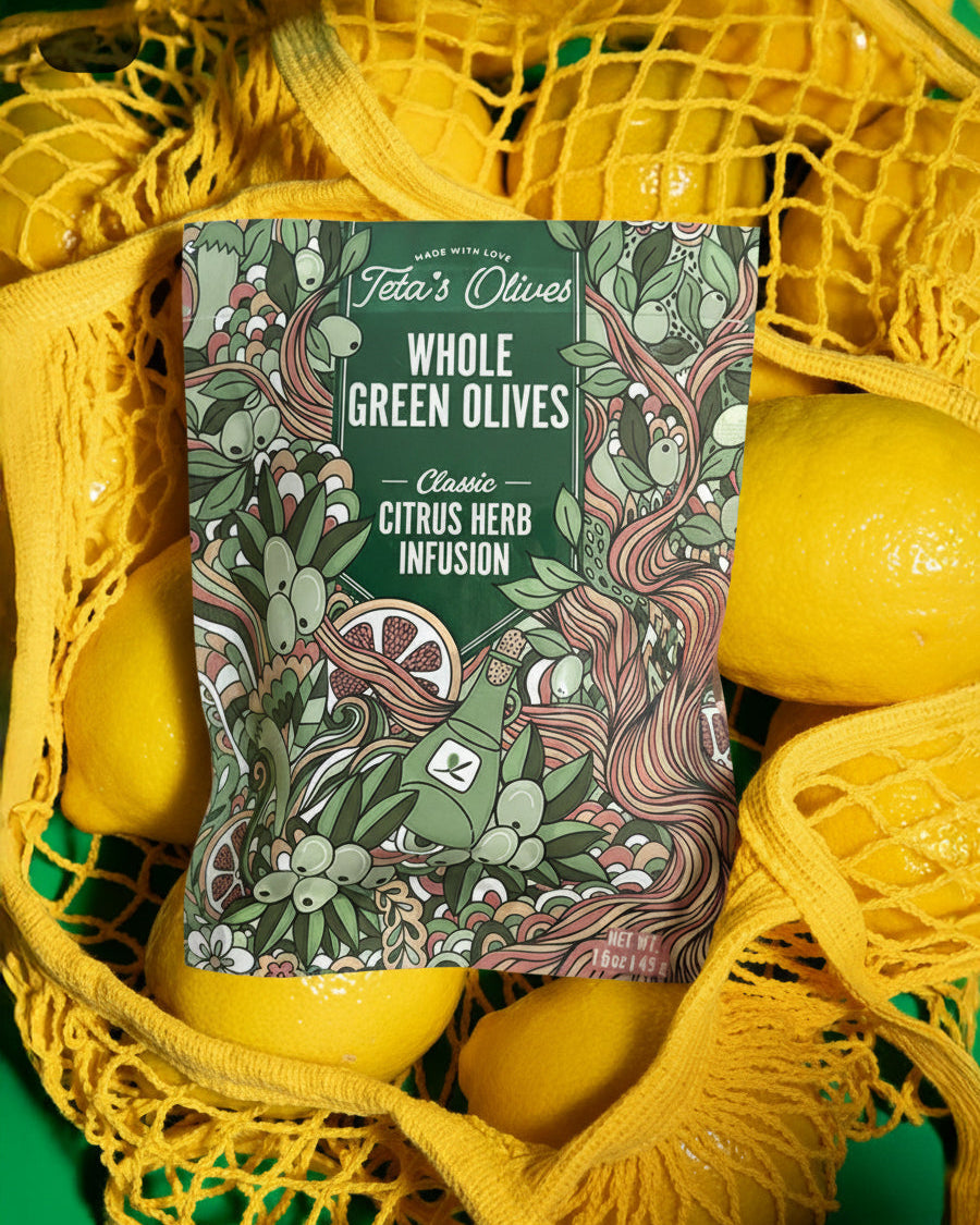 Packaging of Tito's Olives Whole Green Olives with a decorative label on a green background.