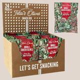 24 pack snack box of teta's olives fiery hot thai pepper against a light red background