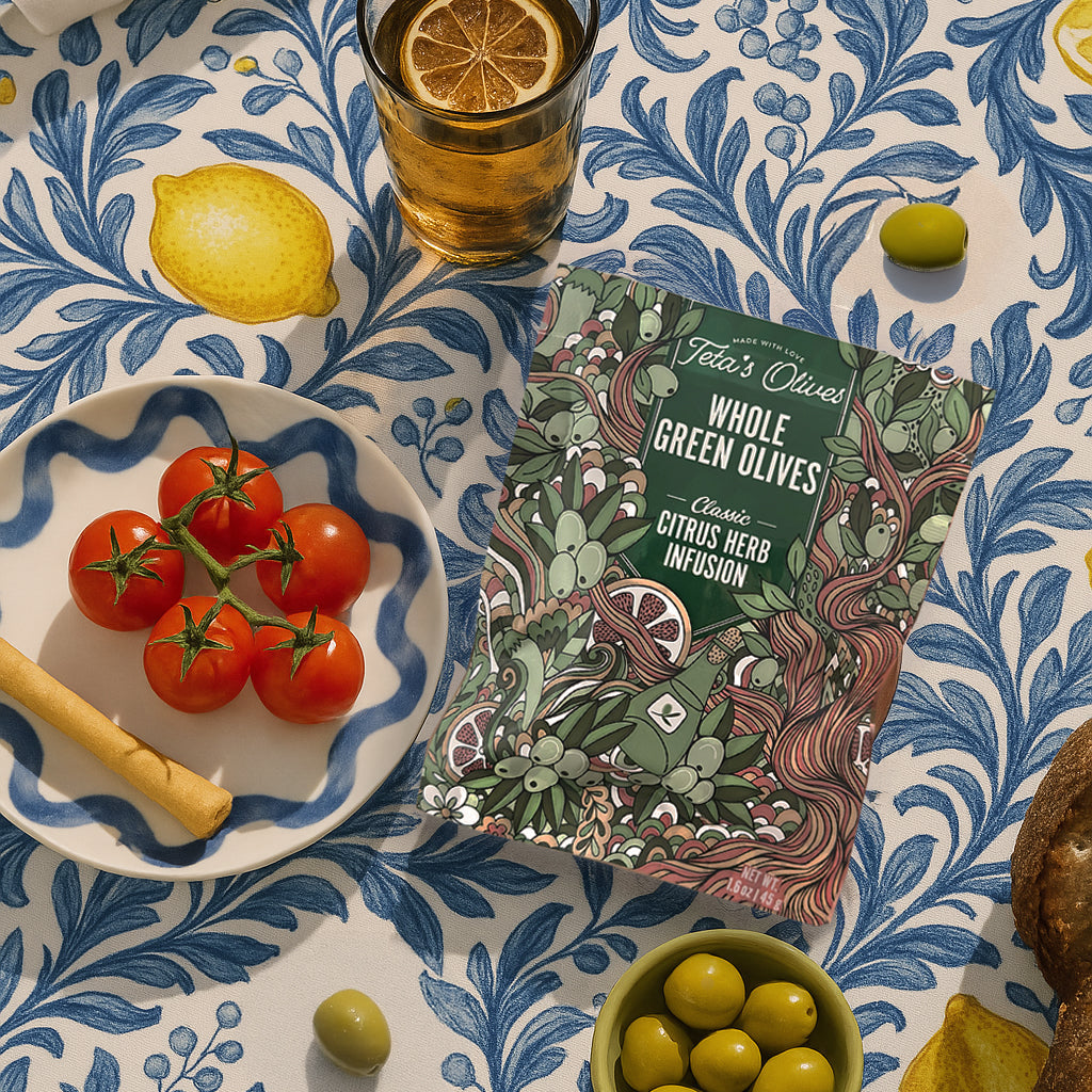 An authentic Mediterranean mezze board featuring an easy green olive appetizer made with Teta's Olives.