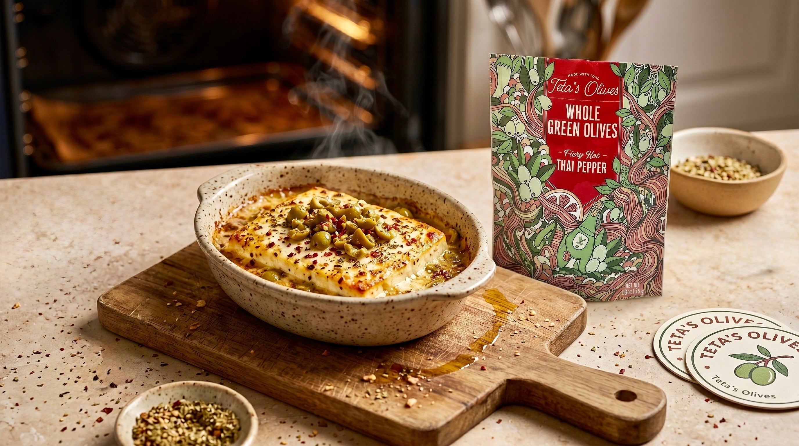 baked feta appetizer in under 20 minutes. Warm, creamy feta cheese paired with Teta's Fiery Hot Thai Pepper green olives.