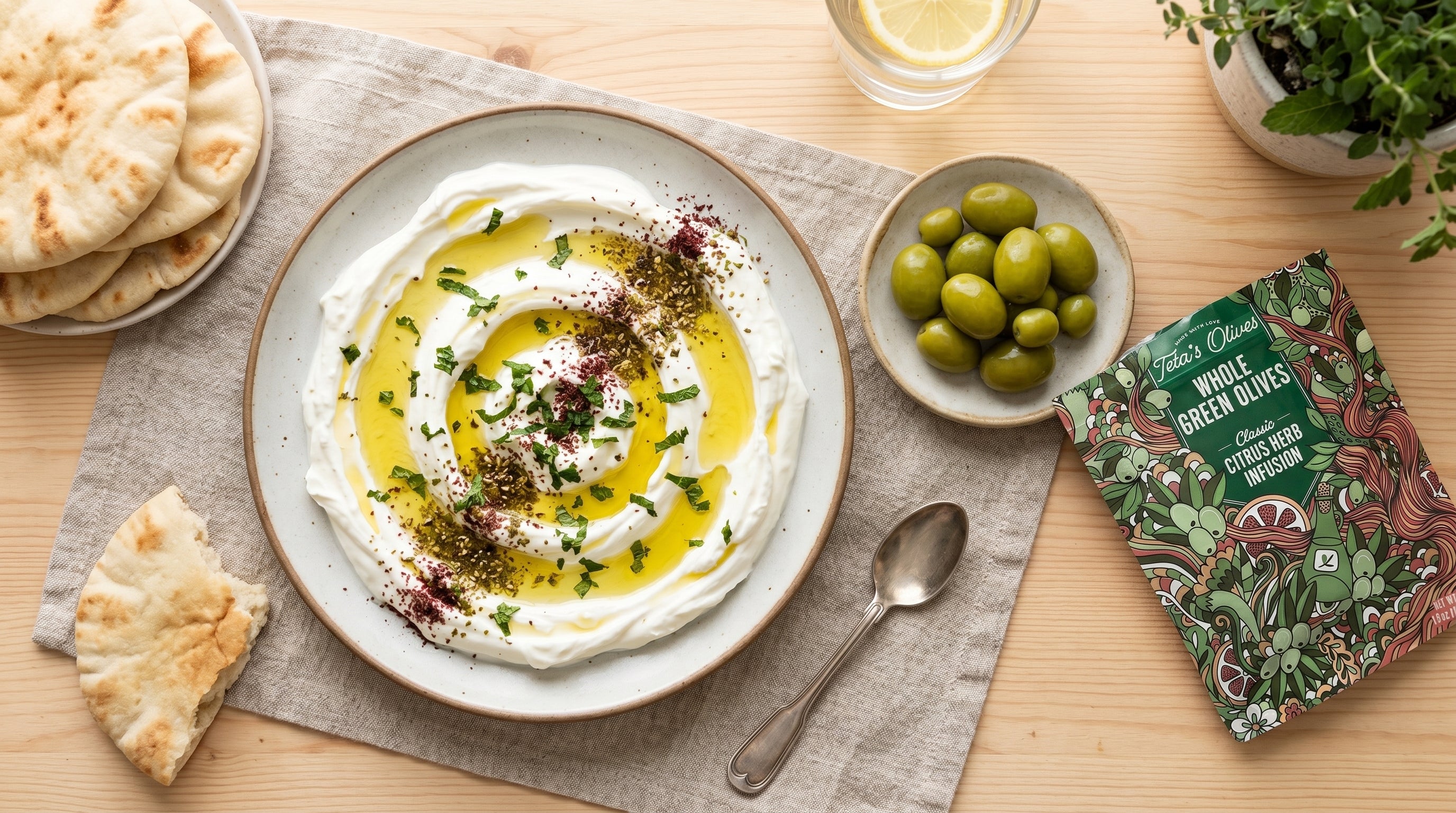 Top down view of a Mediterranean mezze plate featuring creamy labneh cheese spread in a circle with olive oil pools. A small side dish holds whole bright green olives. A green snack pouch of Teta's Olives Citrus Herb