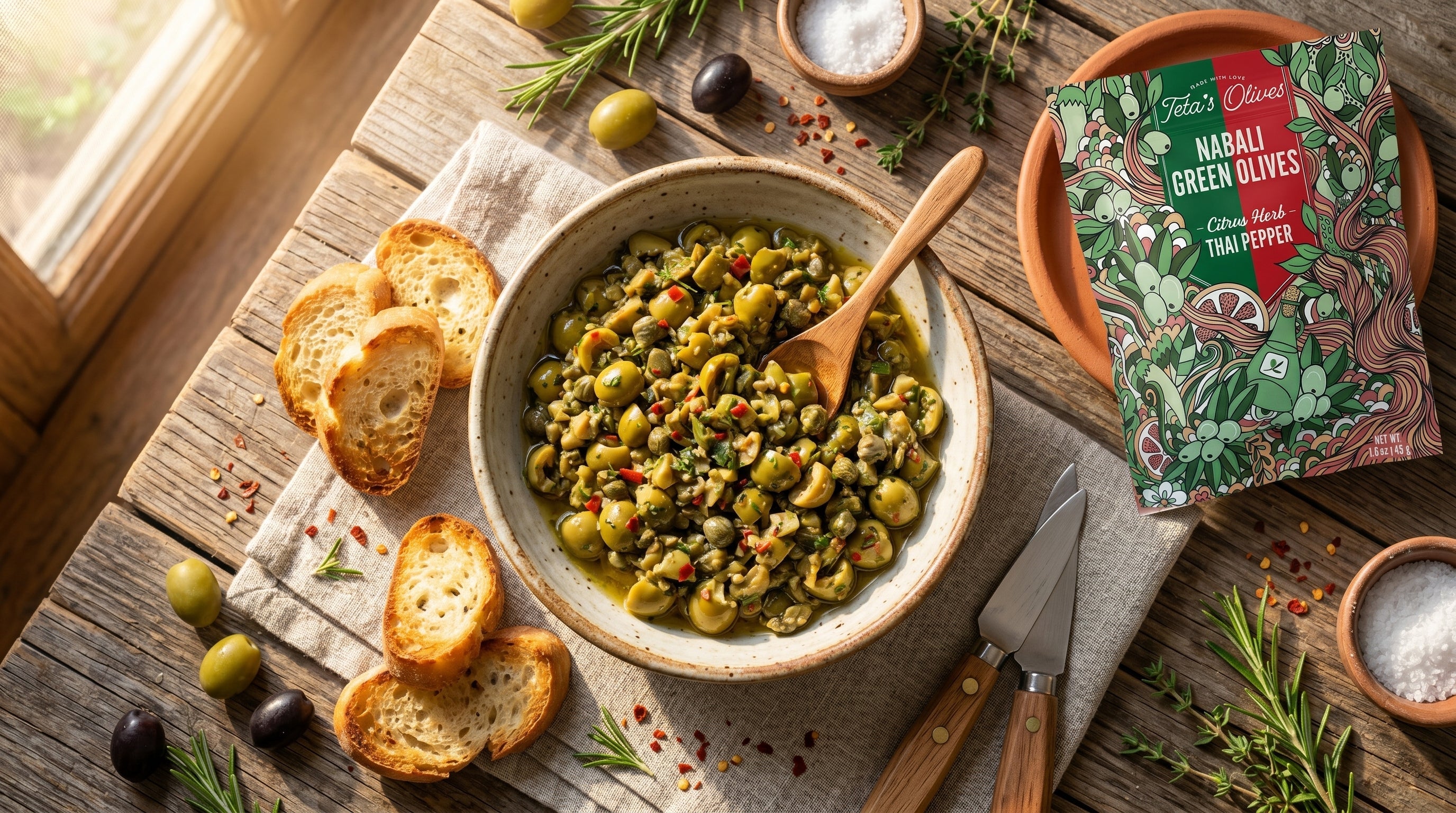 bowl filled with chunky green olive tapenade. Next to the bowl are toasted baguette slices and a paring knife. In the top right corner, place a green and red 1.6oz snack pouch that using Teta's Olives Citrus Herb and Thai Pepper Green Olive Snacks