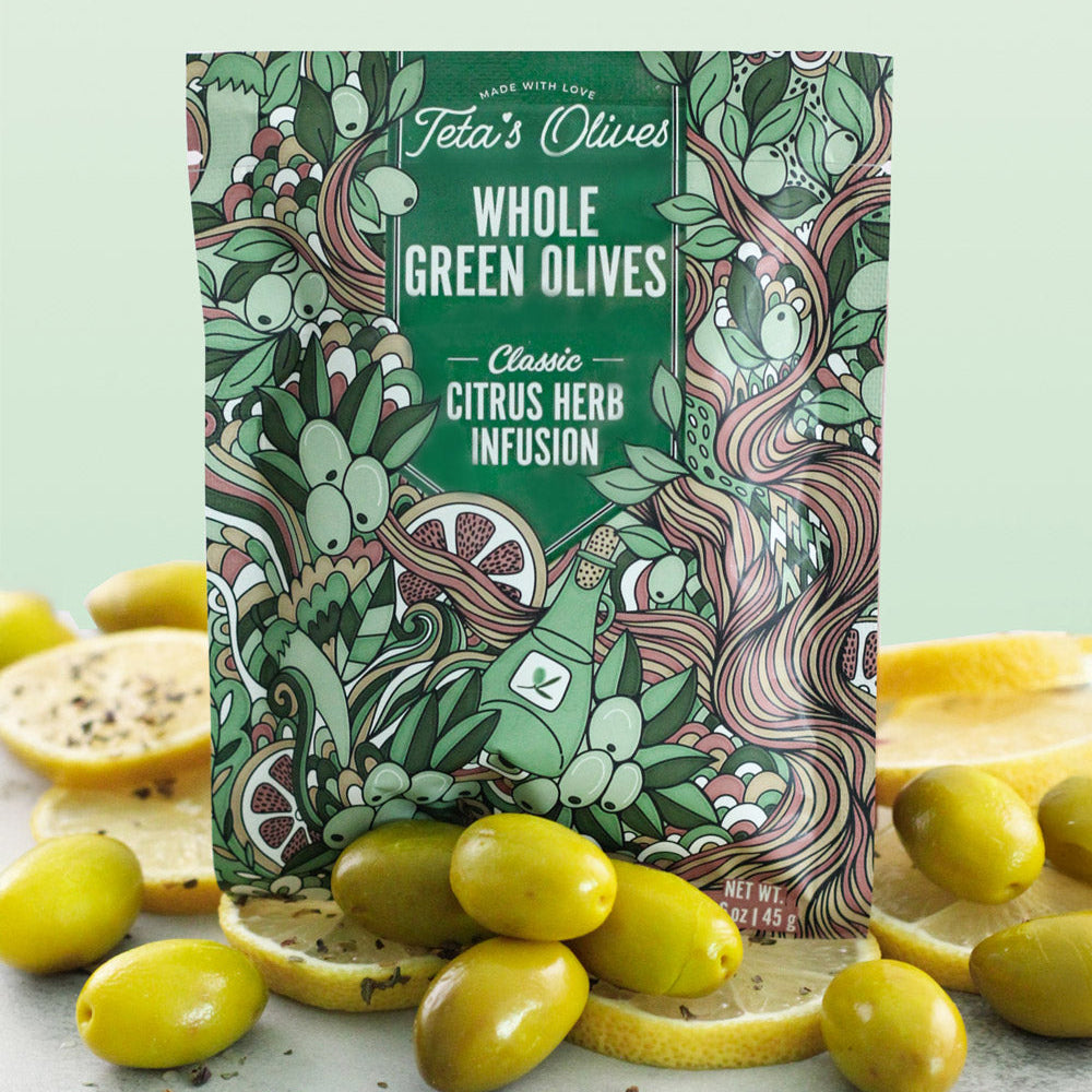 Teta's Olives Double Marinated Olives Citrus Herb Nabali Olive Snack