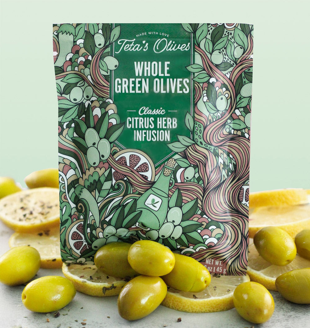 Teta's Olives Double Marinated Olives Citrus Herb Nabali Olive Snack