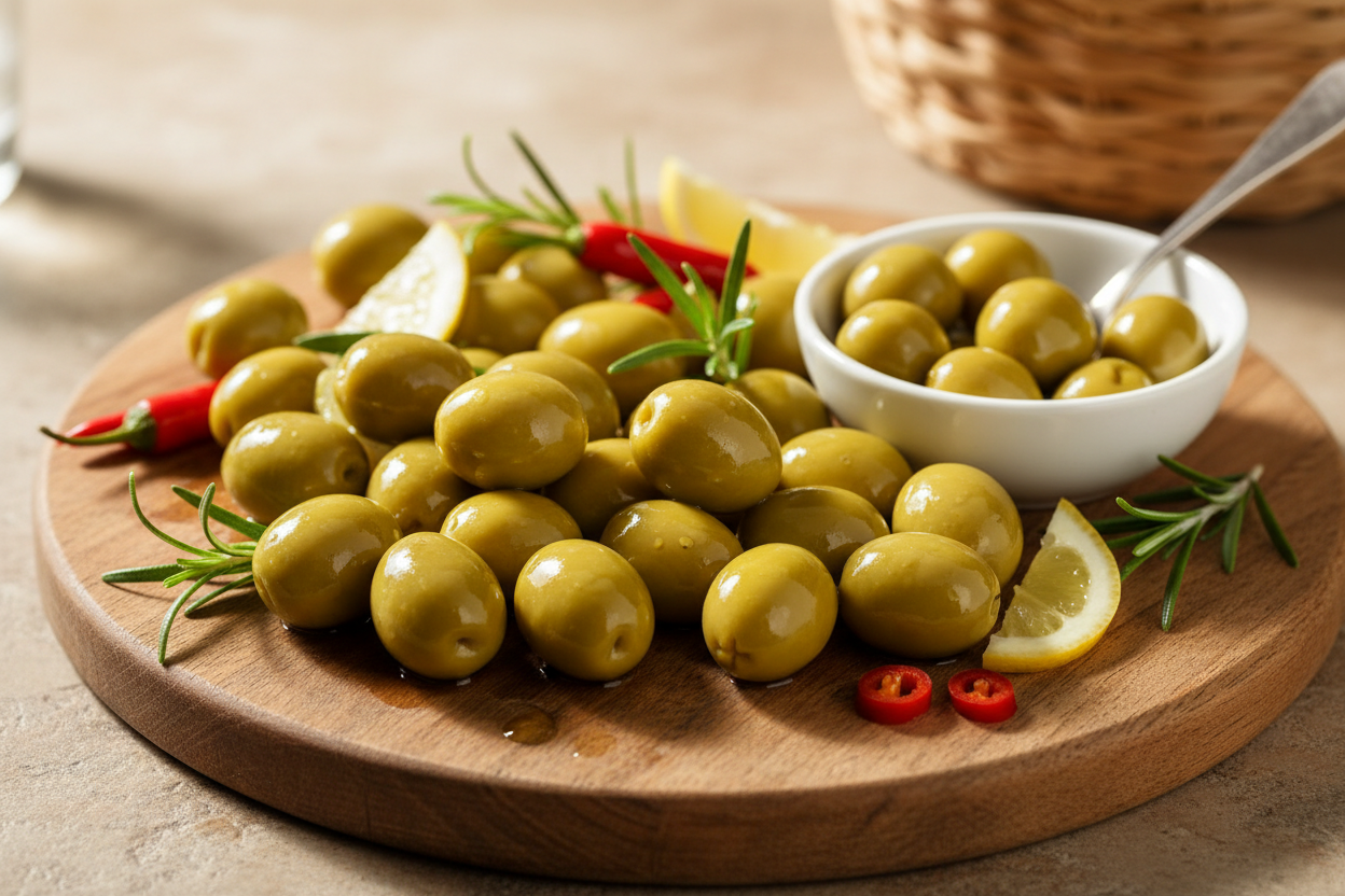 Freshly harvested whole green olives ready for natural whole fruit fermentation.