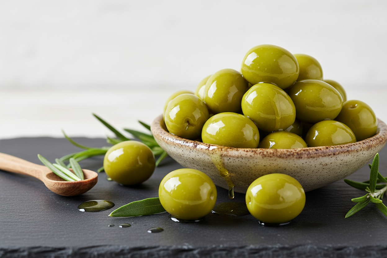 Fresh whole green olives with pits inside, showcasing the firm texture of Teta's Olives.