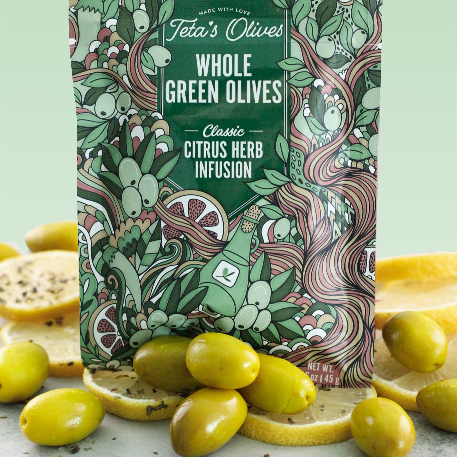 Whole Green Olive Snacks, Citrus Herb Infusion (1.6oz, 24 Pack) - Teta's Olives