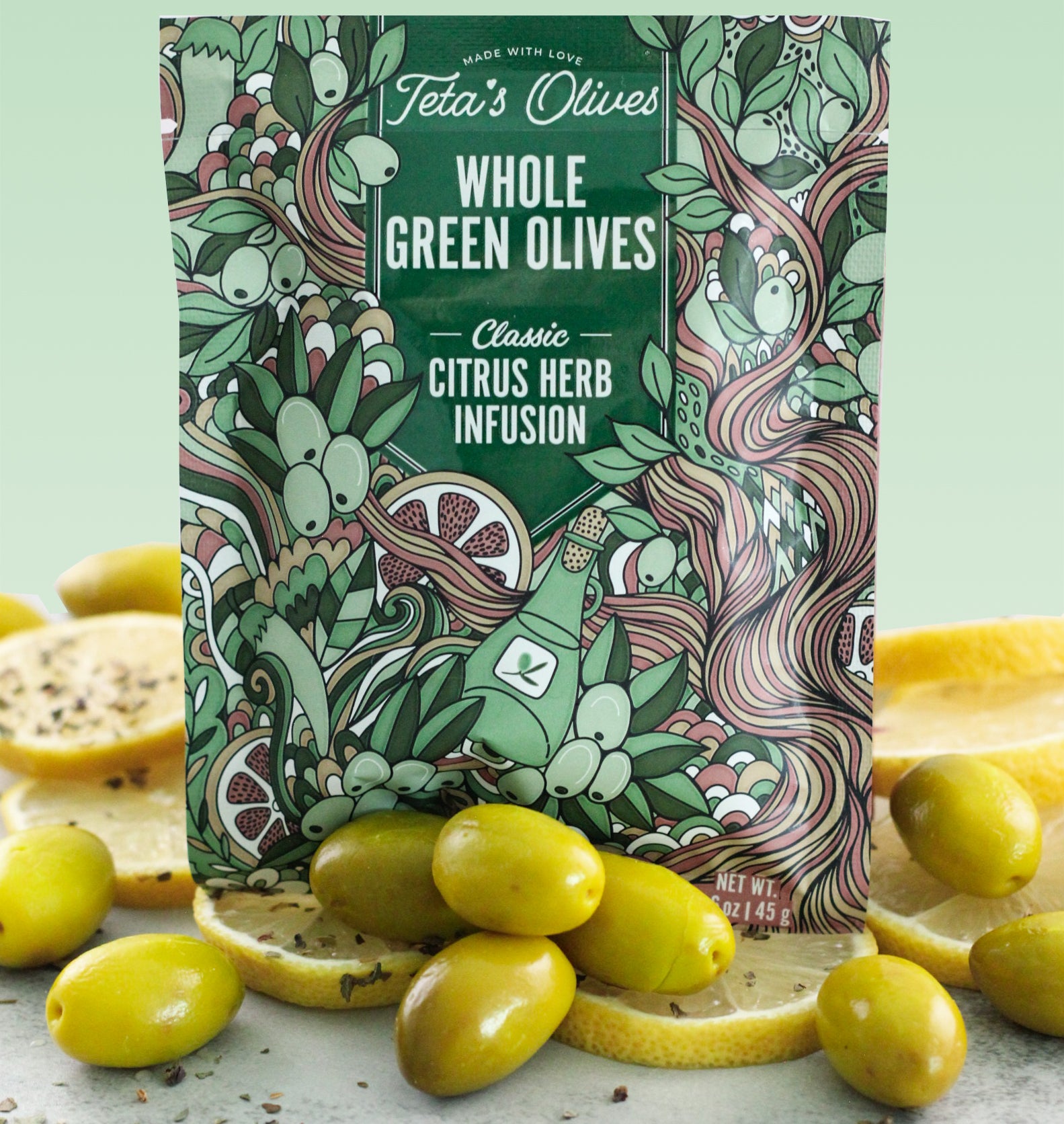 Whole Green Olive Snacks, Citrus Herb Infusion (1.6oz, 24 Pack) - Teta's Olives