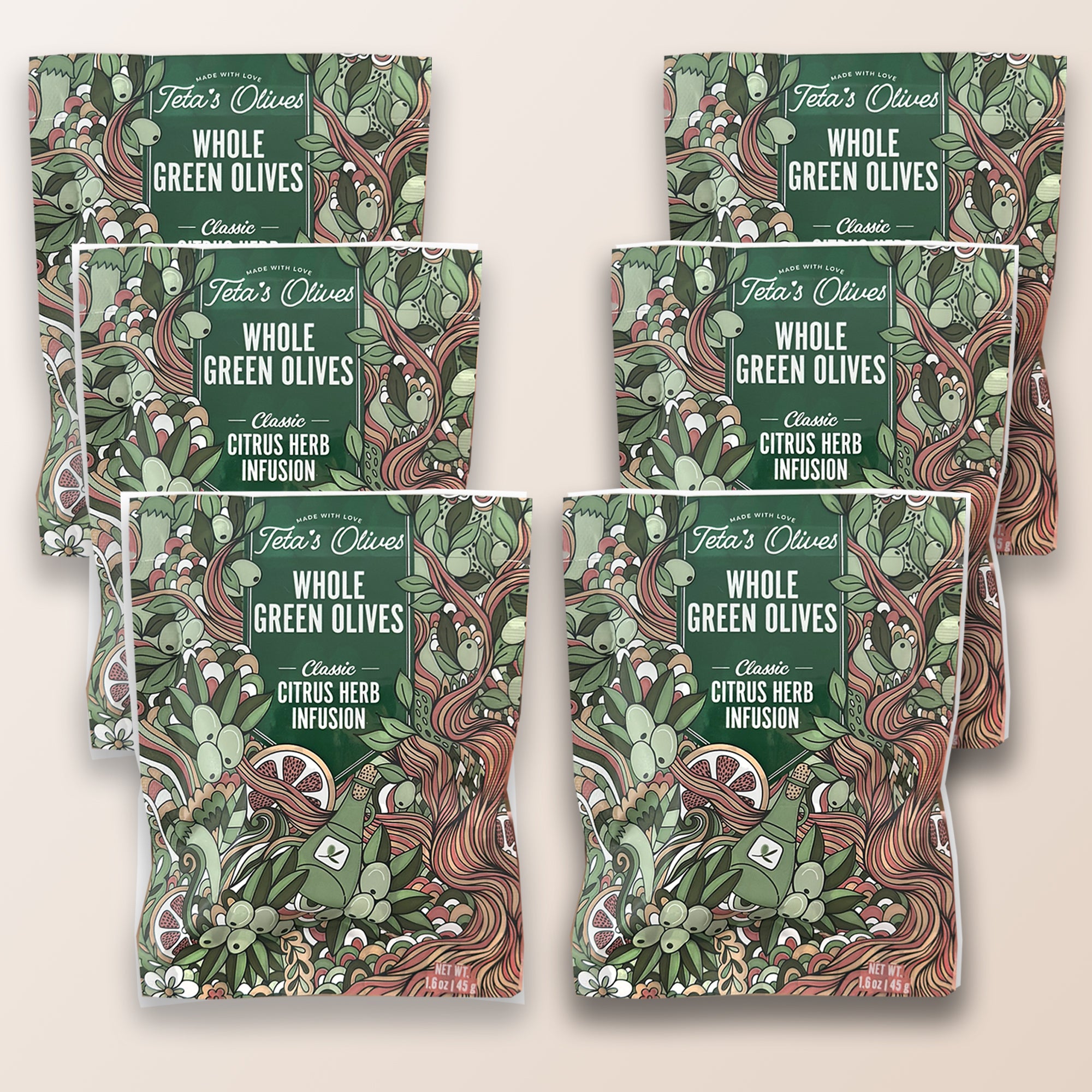 6 pack snack box of teta's olives classic citrus herb infusion against a light brown background