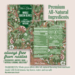 front and back sides of teta's olives classic citrus herb infusion, with a list of the ingredients (whole green olives,  oil, natural flavoring (marinade containing fresh lemons, bay leaves, water, sea salt)", with additional texts "premium all-natural ingredients" and "always free from nasties (preservatives, additives, sugar, artificial flavoring, cholesterol)