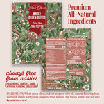 front and back sides of teta's olives fiery hot thai pepper, with a list of the ingredients (whole green olives, red hot peppers, oil, natural flavoring (marinade containing yellow peppers, lemons, bay leaves, water, sea salt)", with additional texts "premium all-natural ingredients" and "always free from nasties (preservatives, additives, sugar, artificial flavoring, cholesterol)