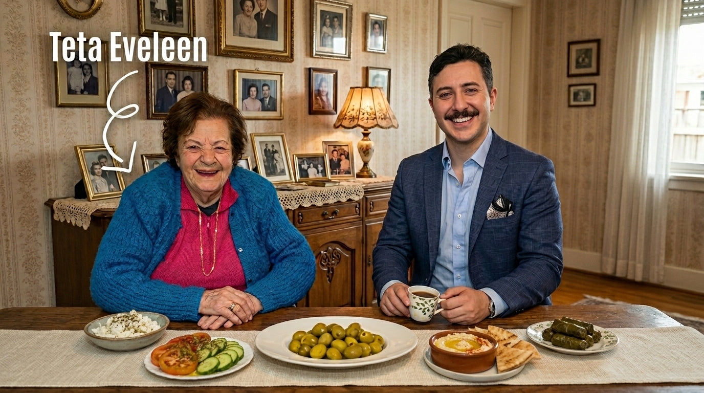 Two people sitting at a table with food, smiling, in a room with framed photos on the wall. Teta Eveleen the inspiration for Teta’s olives 
