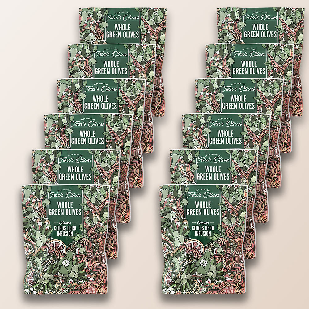 12 pack of teta's olives classic citrus herb infusion against a light brown background