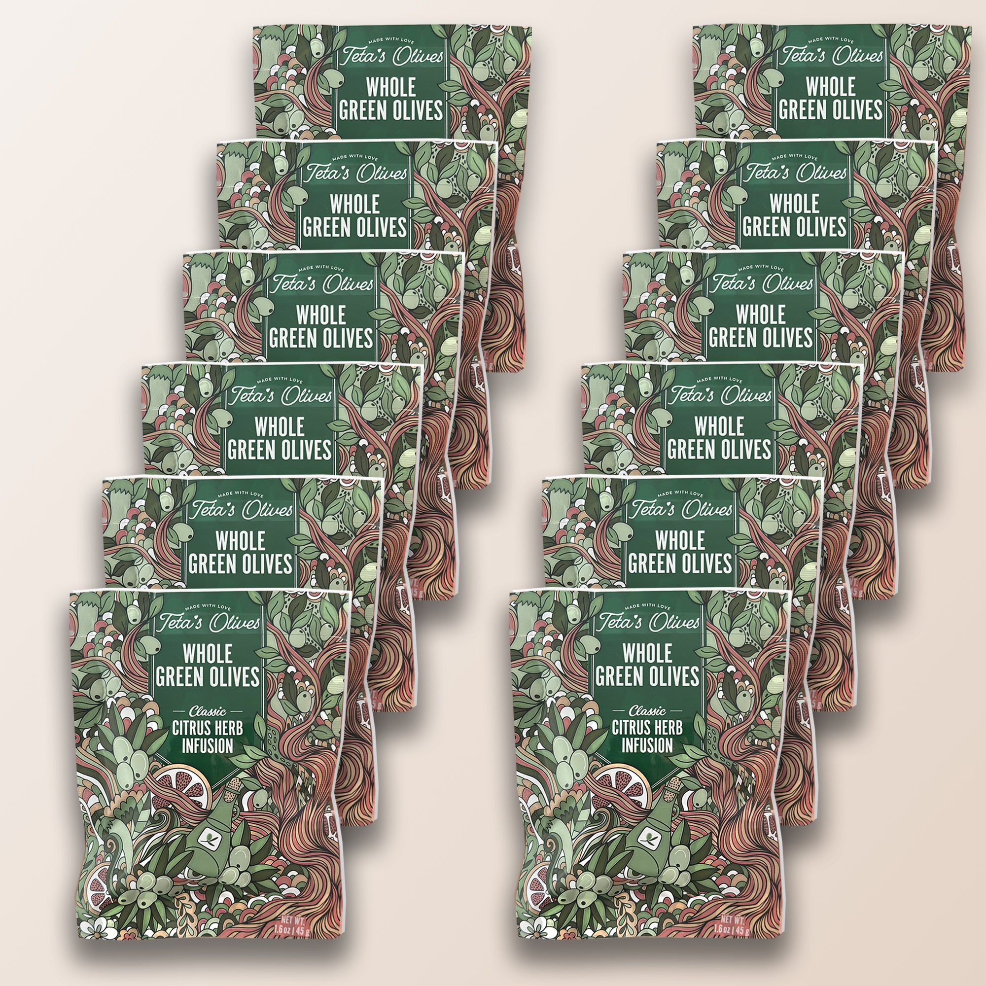 12 pack of teta's olives classic citrus herb infusion against a light brown background