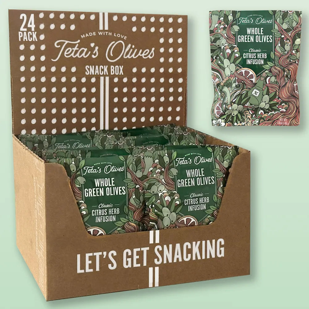 24 pack snack box of teta's olives classic citrus herb infusion against a light green background