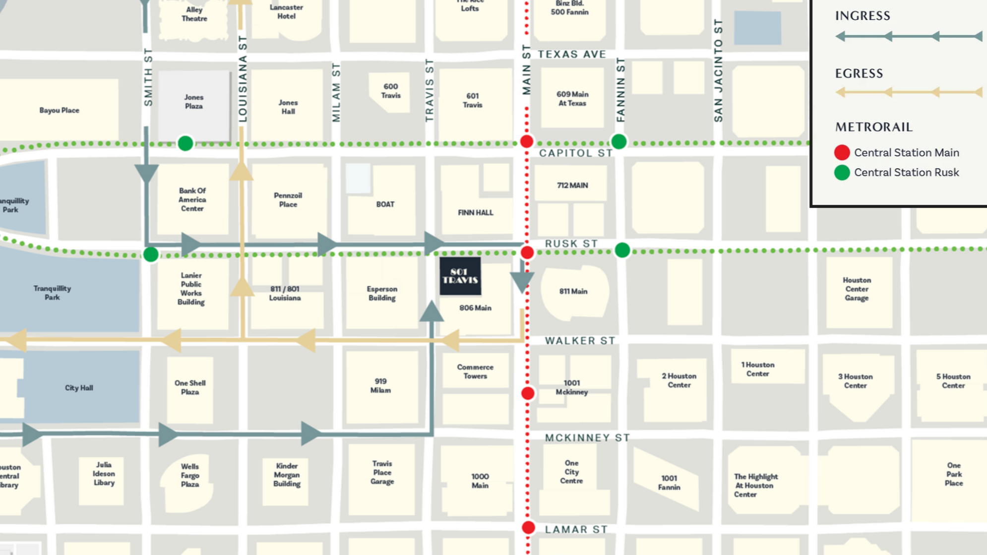 map of houston, TX downtown showing the headquarters of Teta's Olives LLC (801 Travis street, suite 2101, houston, tx 77002), with ingress and egress directions.