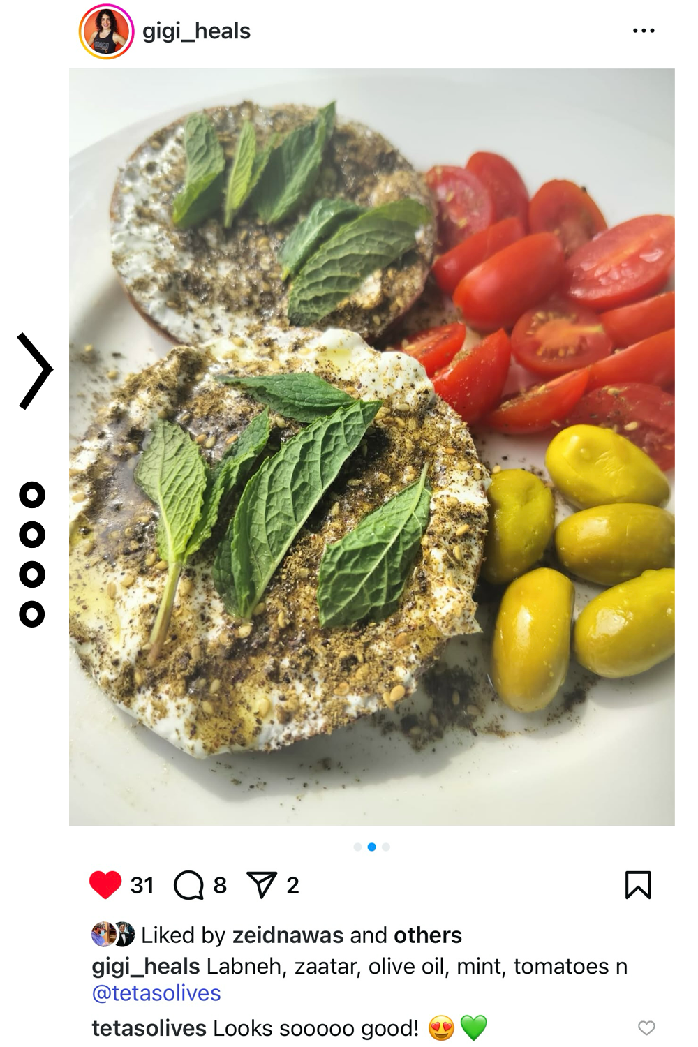 review from an instagram account featuring Teta's Olives citrus herb green olive snacks
