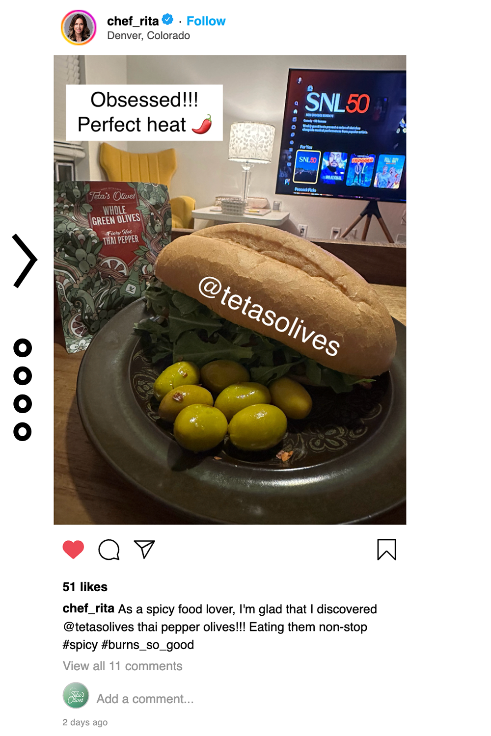 Screenshot of a customer review saying how amazing Teta's Olives are