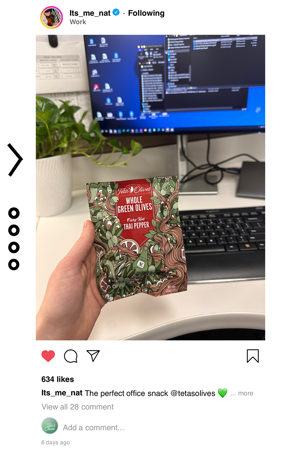 Screenshot of a social media post about how good Teta's Olives are