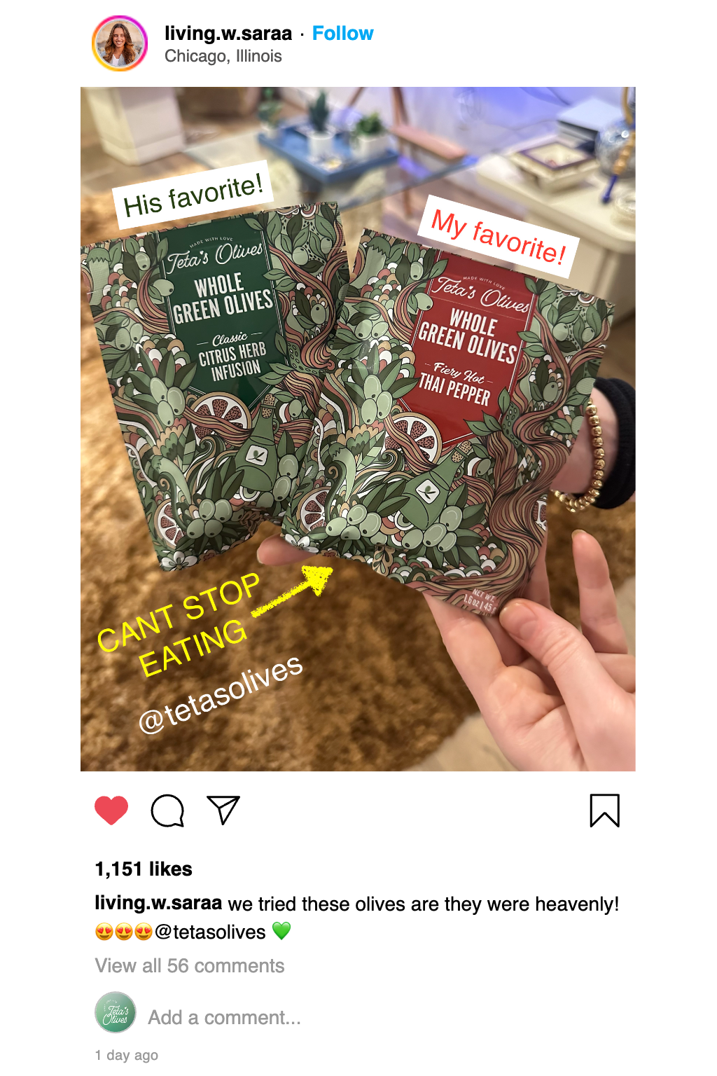 Screenshot of a social media post about how good Teta's Olives are