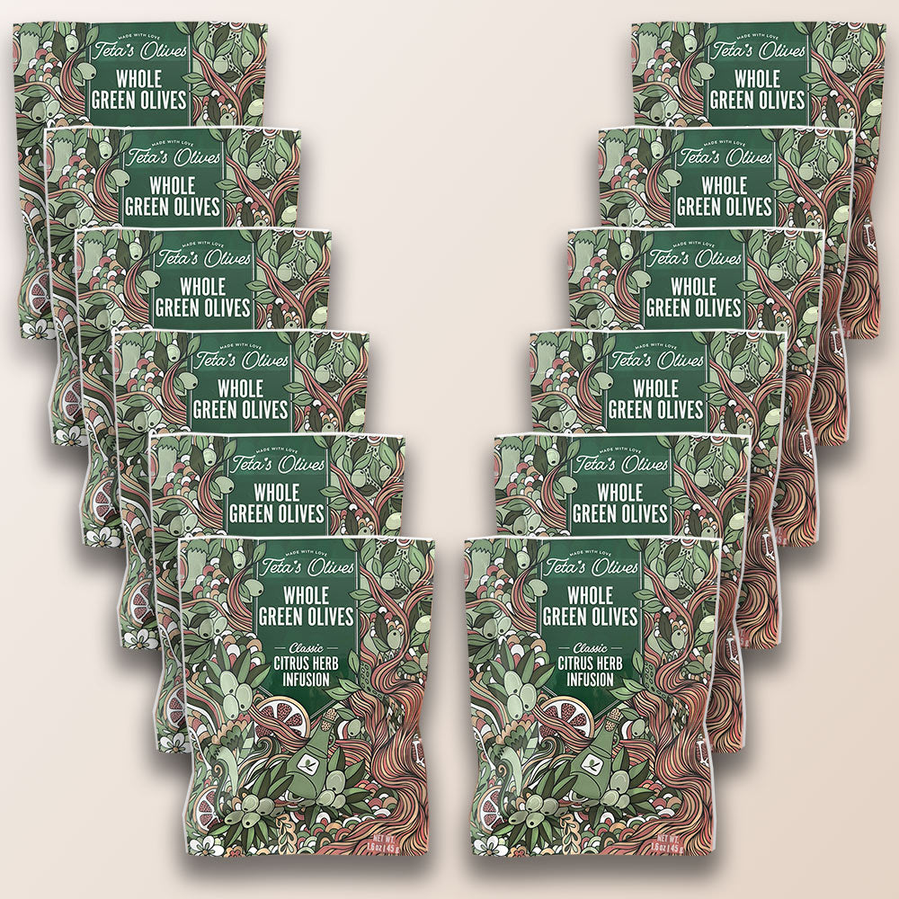Multiple packages of Teta's Olives Whole Green Olives on a beige background
