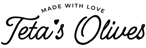 teta's olives, rectangular logo, cursive black font color against a transparent background, with slogan "made with love" on top of the logo