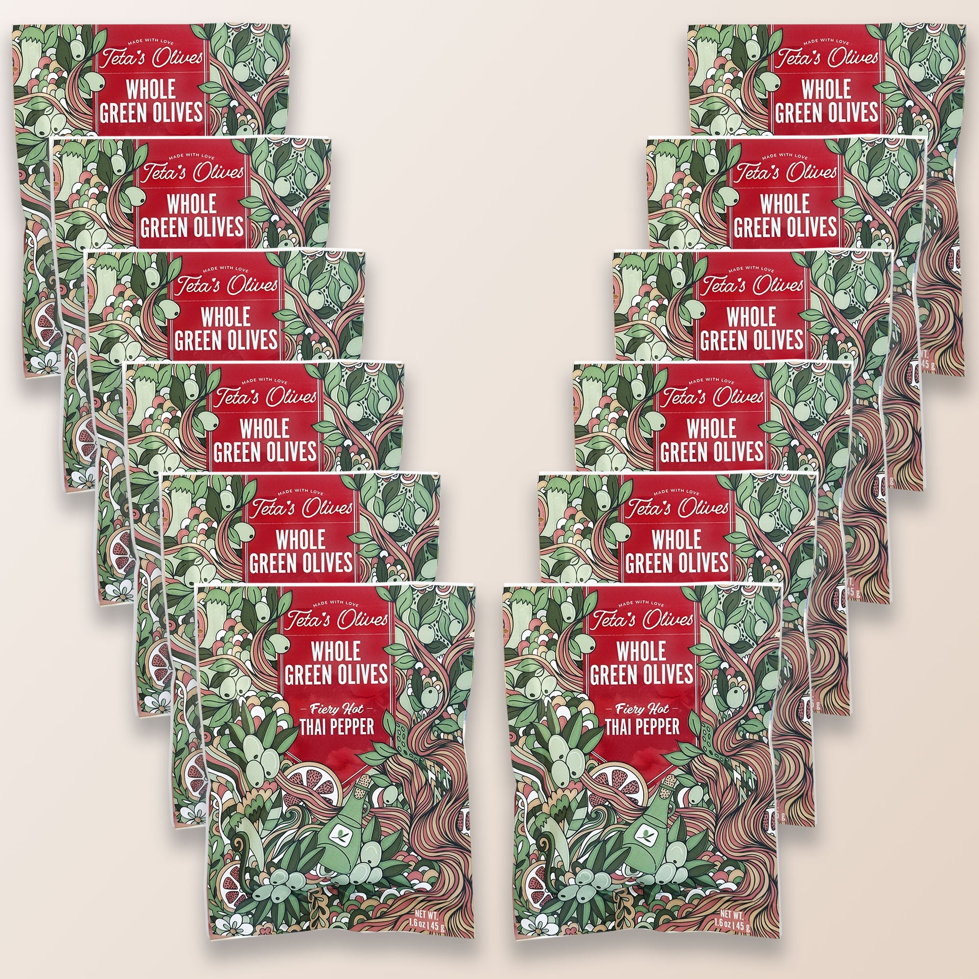 Multiple packages of Teta's Olives Whole Green Olives on a beige background