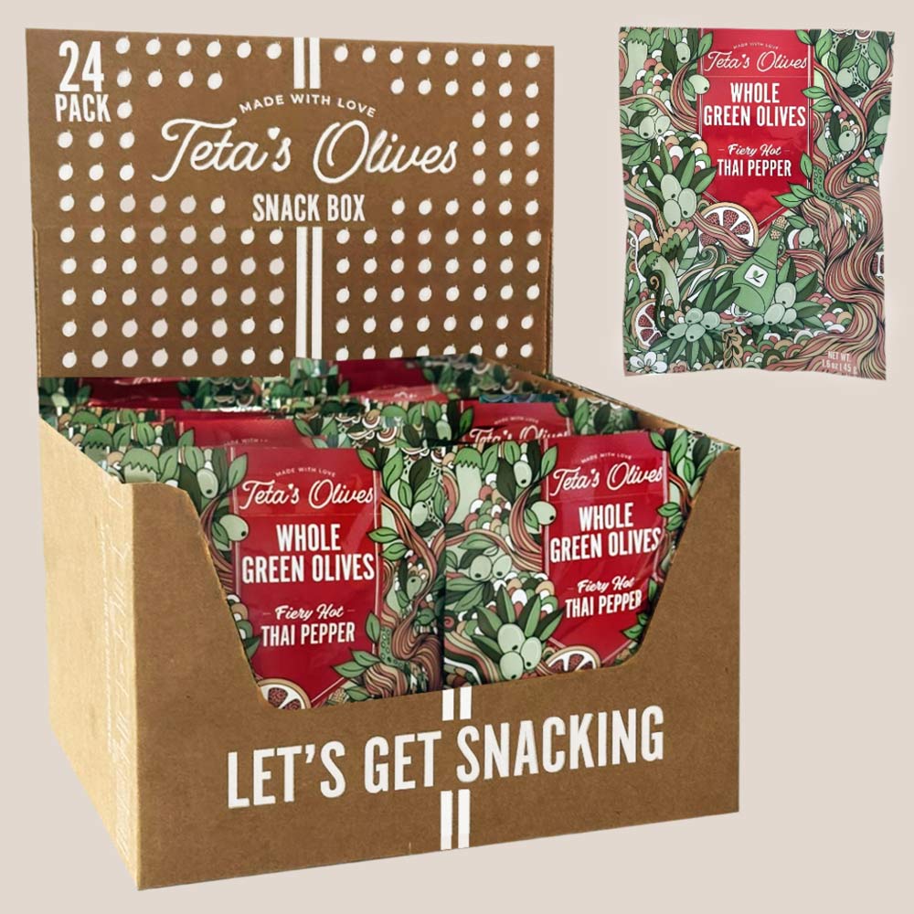 24 pack snack box of teta's olives fiery hot thai pepper against a light red background