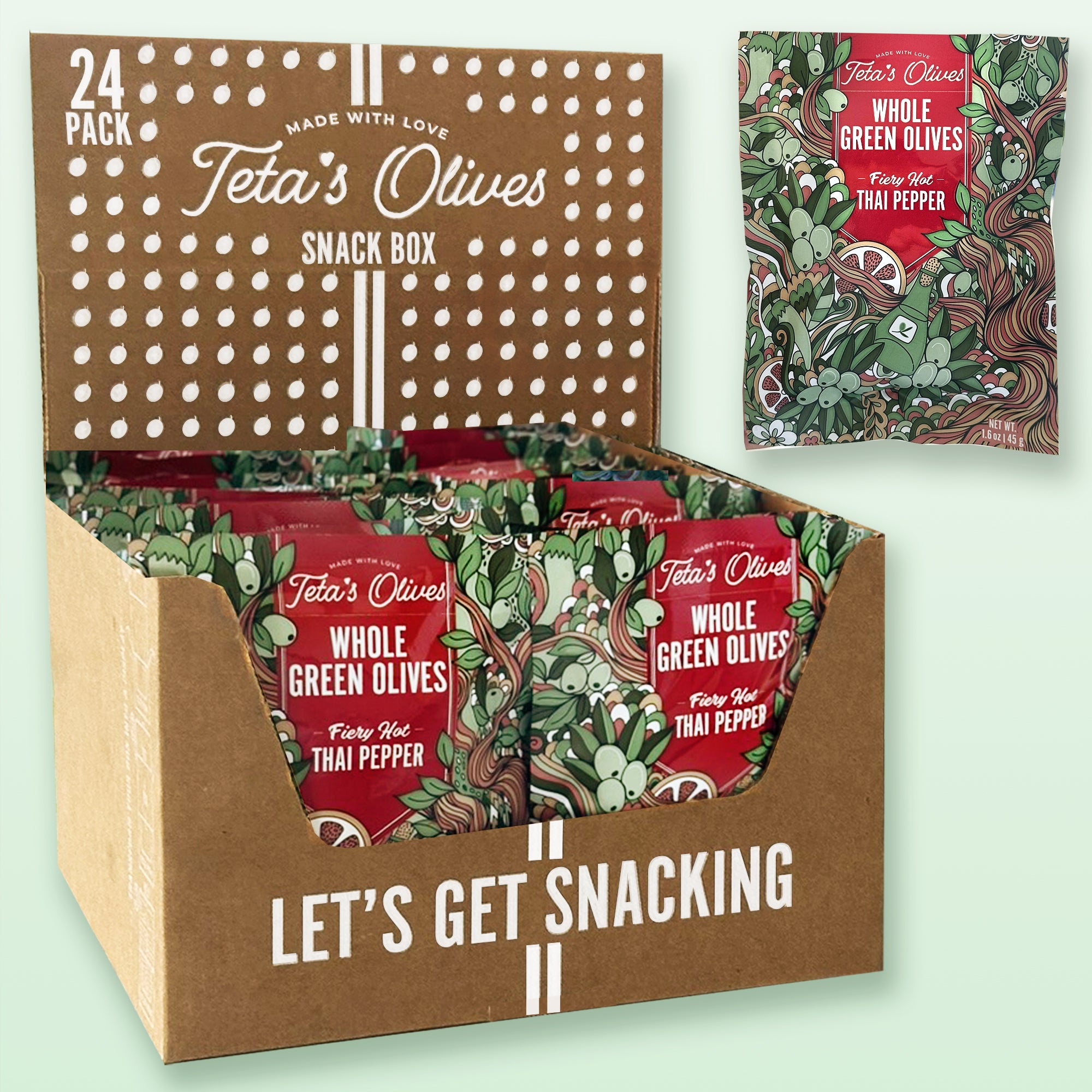24 pack snack box of teta's olives fiery hot thai pepper against a light red background