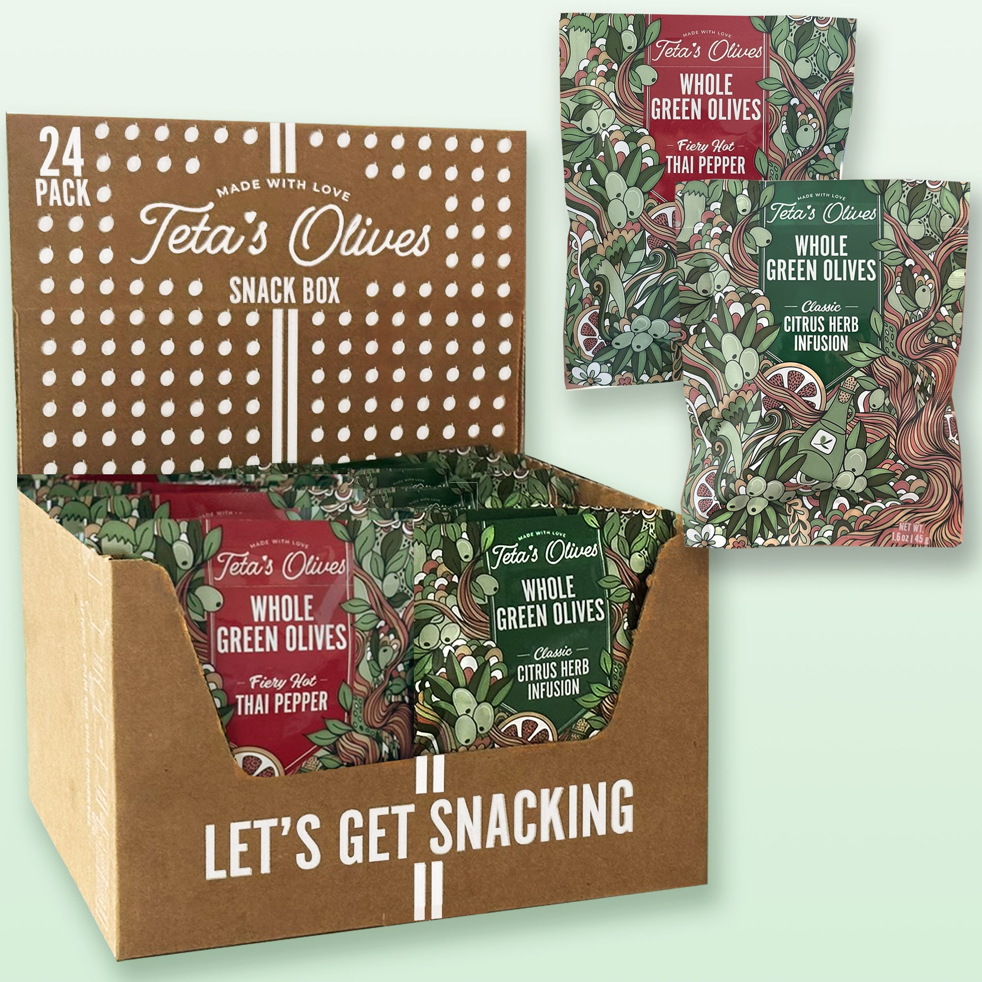 24 pack variety snack box of teta's olives classic citrus herb infusion and fiery hot thai pepper against a light blue background