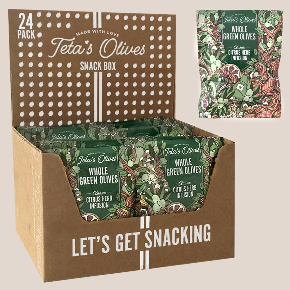 24 pack snack box of teta's olives classic citrus herb infusion against a light green background