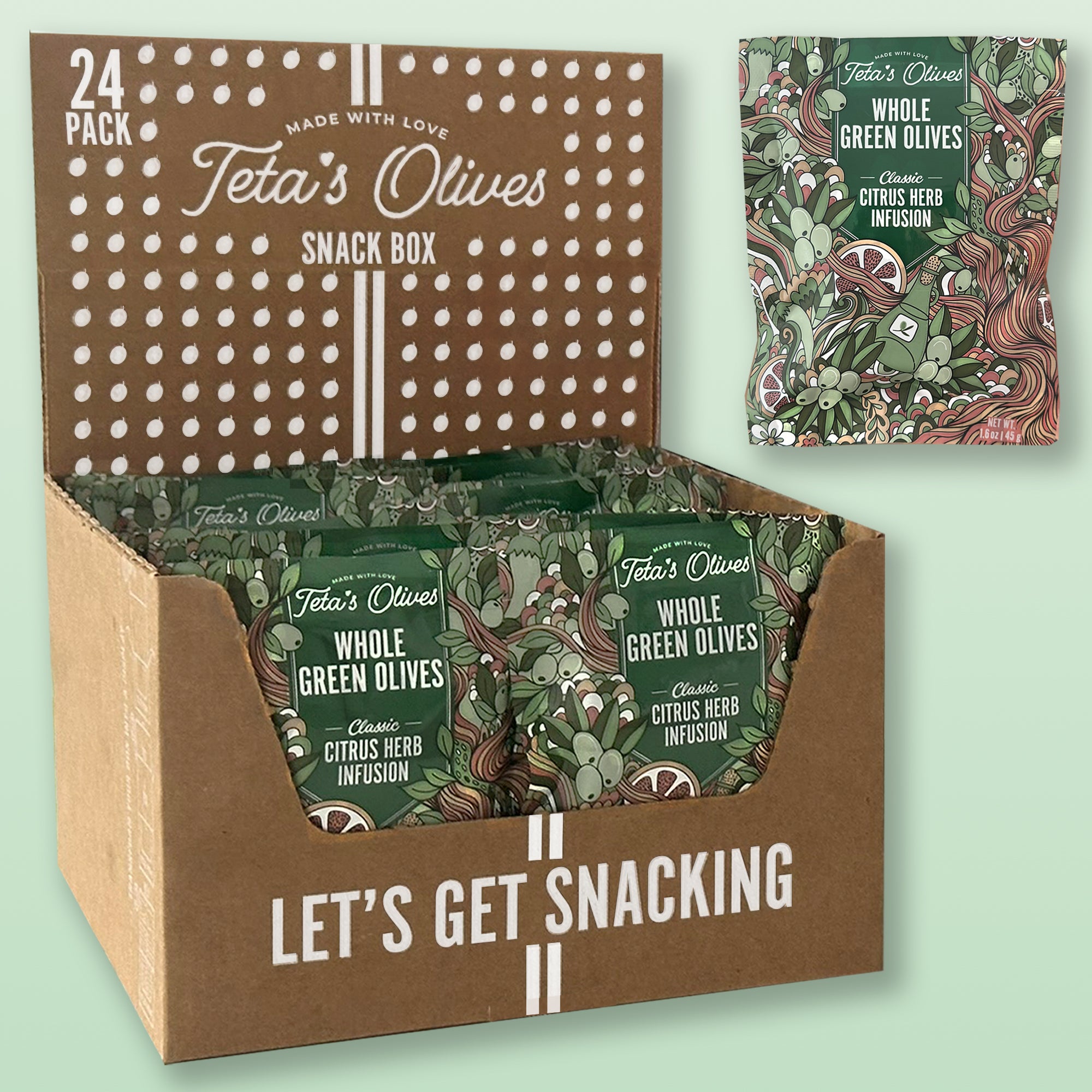 24 pack snack box of teta's olives classic citrus herb infusion against a light green background