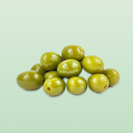 close-up image of teta's olives whole green nabali olives, against a light green background