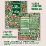 front and back sides of teta's olives classic citrus herb infusion, with a list of the ingredients (whole green olives,  oil, natural flavoring (marinade containing fresh lemons, bay leaves, water, sea salt)", with additional texts "premium all-natural ingredients" and "always free from nasties (preservatives, additives, sugar, artificial flavoring, cholesterol)